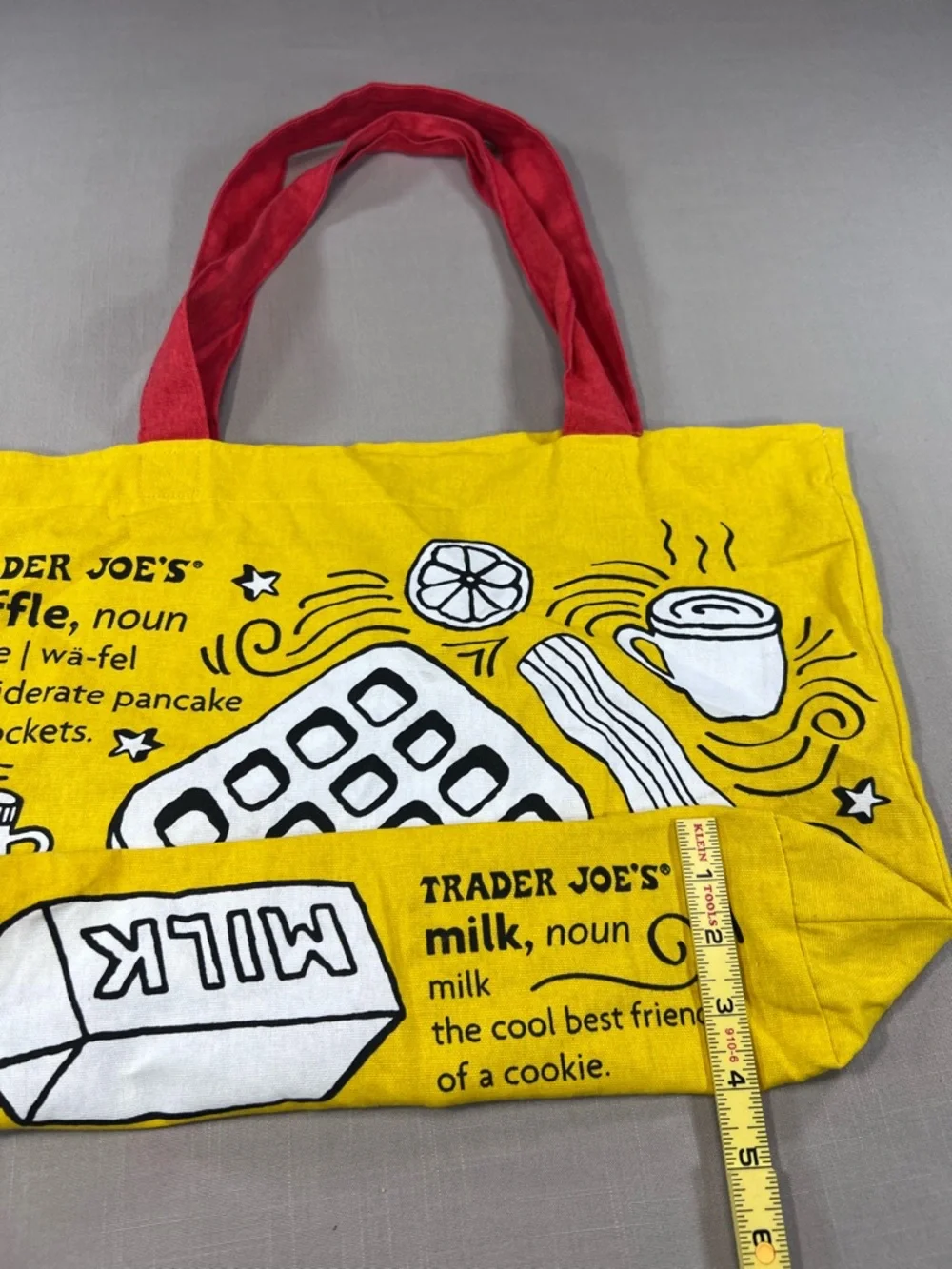 Trader Joe’s Yellow Canvas Tote Bag Red Handles Toast Milk Grocery Shopping Bag - Picture 7 of 8